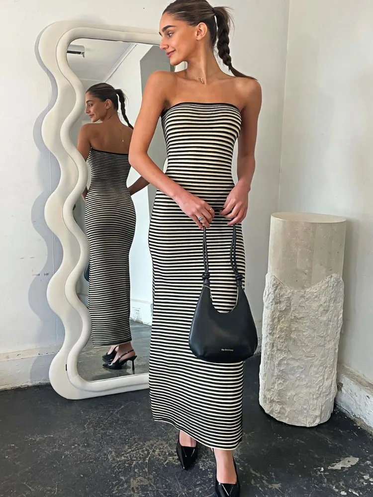 

Tossy Striped Knit Female Long Dress Bandeau Loose Contrast Fashion High Waist Backless Patchwork Summer Knitwear Maxi Dress