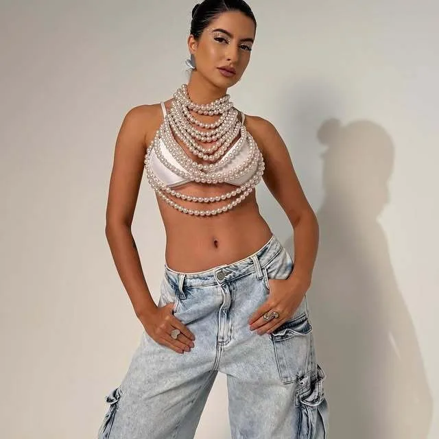 Imitation Pearls Wide Halter Collar Breast Chain for Women Wedding Gown Decoration Multi-layer Vest Tops Party Show Body Chains - view 2