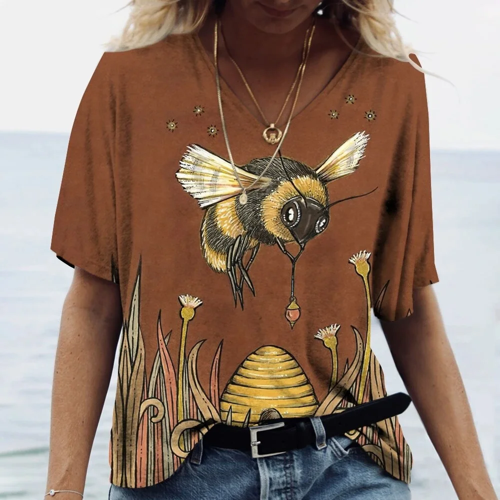 

Summer Honey Bee 3D Print T-Shirts Women V-Neck Short Sleeve Sunflower T Shirt Y2K Tees Oversized Harajuku Tops Female Clothing