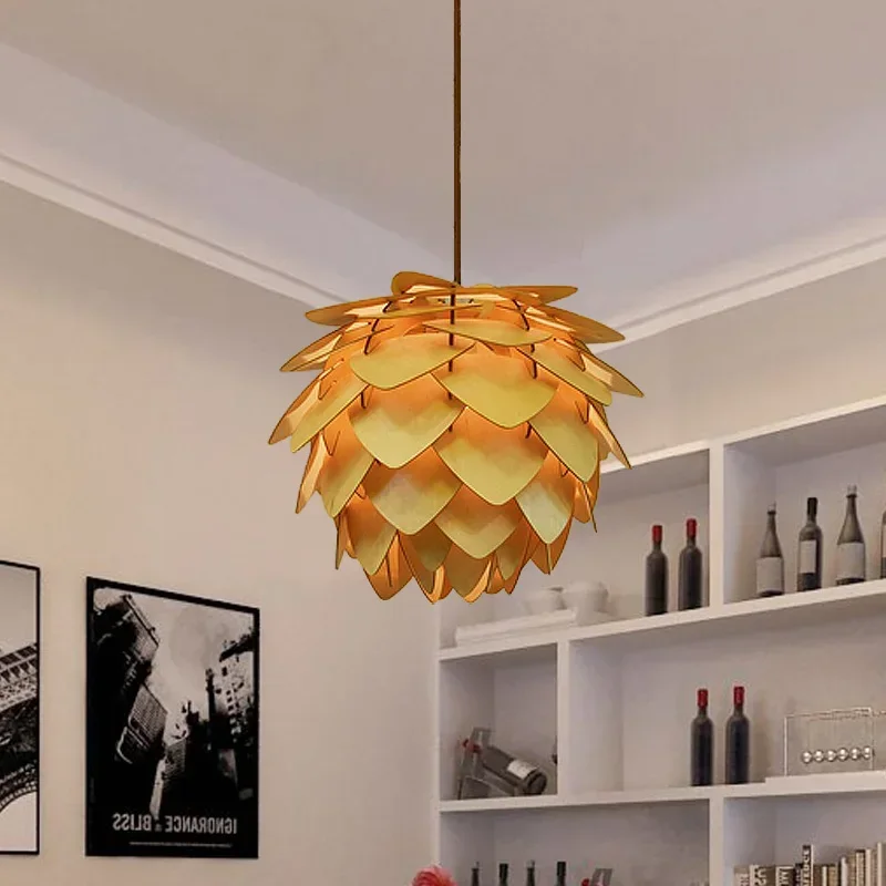 Nordic drewniany żyrandol DIY elementy IQ Puzzle szyszka lampa wisząca kuchnia jadalnia Bar oprawy oświetleniowe szyszki