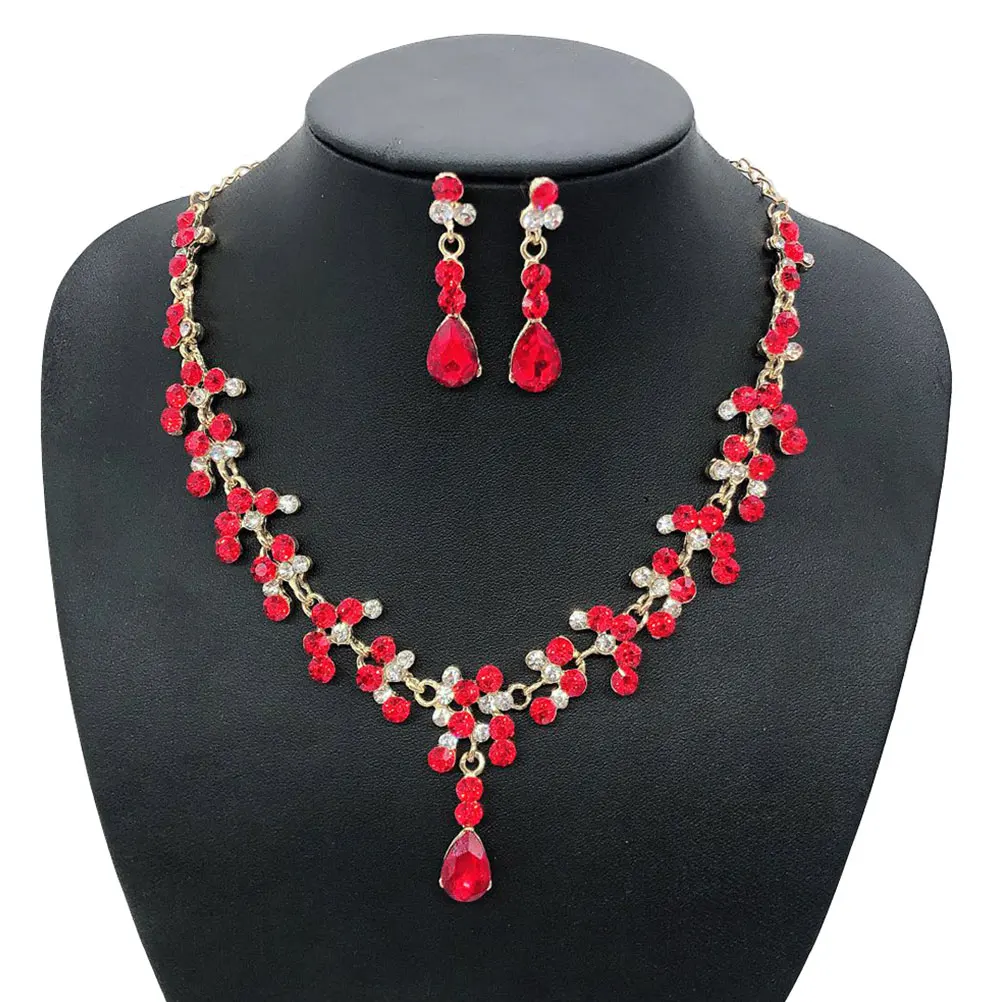 

1Set Wedding Dress Accessories Red Rhinestone Bride Necklace and Earring Set Party Jewelry Women Gift Rhinestone Jewelry