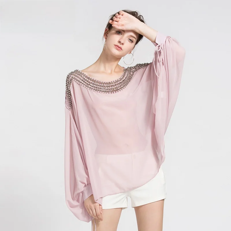 

Loose Long Sleeve round Neck Beaded Batwing Shirt Transparent Top Fashionable Maturity Cross-Border Commute Style Women's Shirt