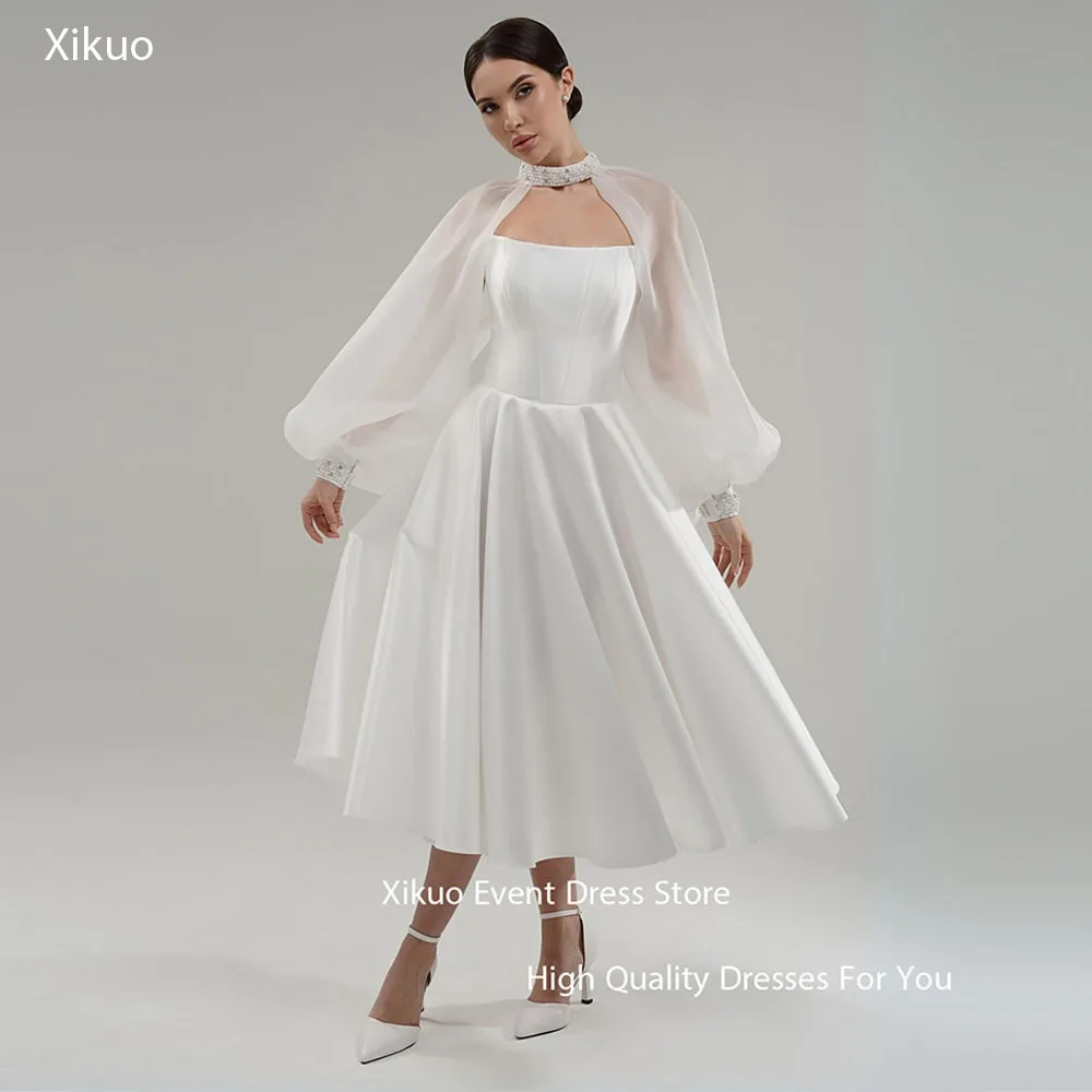 Xikuo simples meados de bezerro cetim vestidos de casamento verão sem alças vestidos de novia uma linha sem costas festa vestidos de noiva personalizado