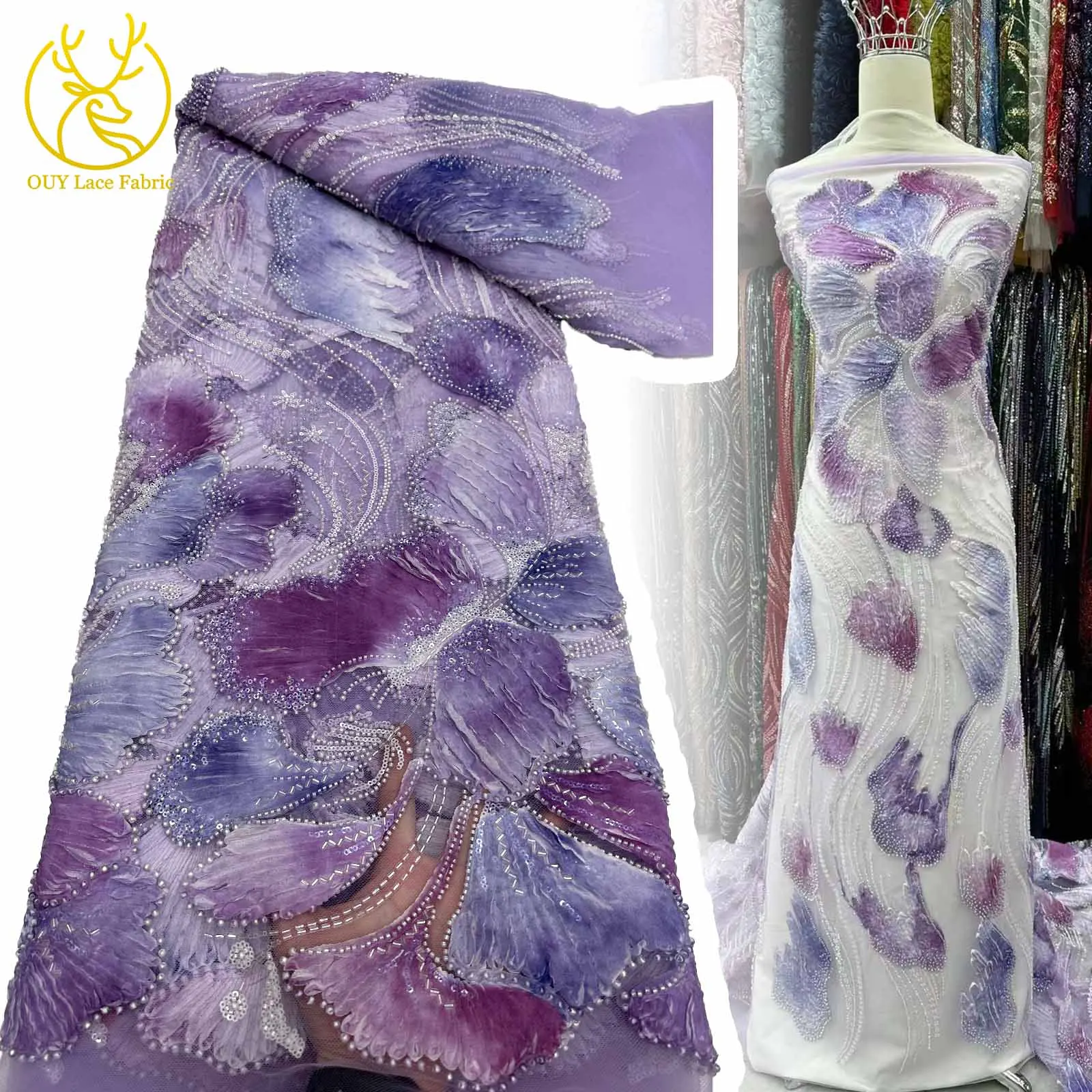 

African Lilac 3D Flower Beaded Lace Fabric 2025 French Sequin Tulle Embroidery Lace Fabric for Wedding Wedding Dress Sewing