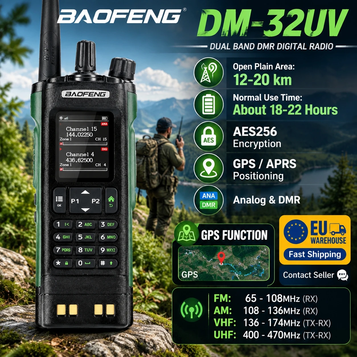 BAOFENG DM-32UV DMR Radio GPS APRS 8W Dual Band VHF UHF Digital Analog Walkie Talkie Single Group Call Team Communication