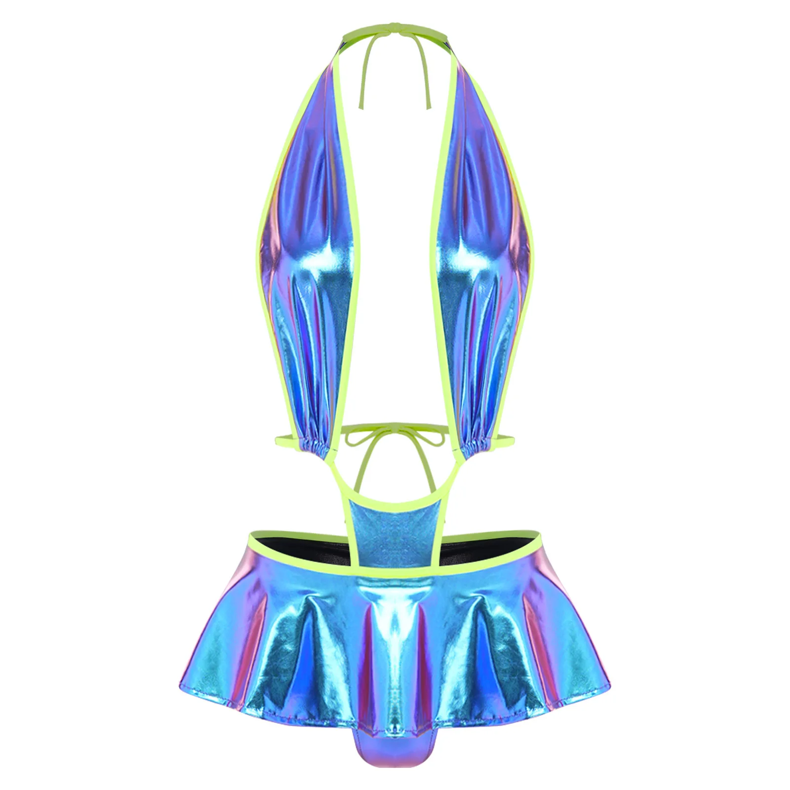 Damen Metallic Glänzender Badeanzug Einteiliger Strand-Badeanzug Neckholder Tiefer V-Ausschnitt Rückenfreier Mini-Slip mit Rüschensaum Badeanzug – Detail 17
