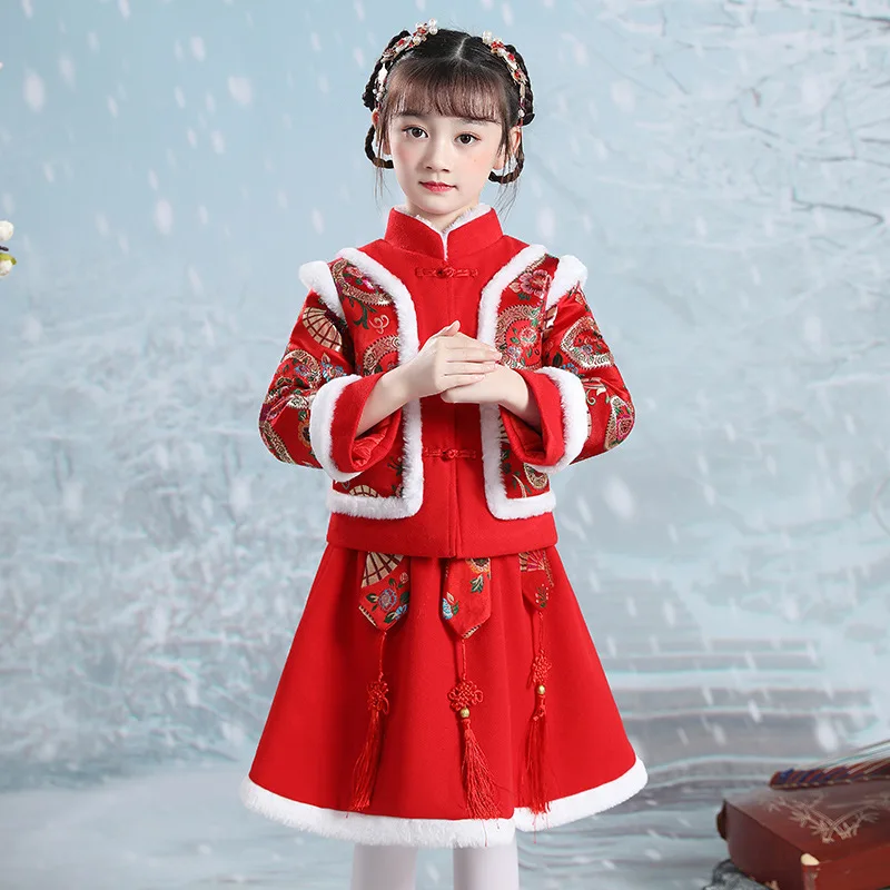 Mùa Đông Trẻ Em Thêu Cổ Hanfu Hoa Đáng Yêu Đường Phù Hợp Với Bé Gái Năm Mới Đầm Trẻ Em Cotton Lót Quần Áo