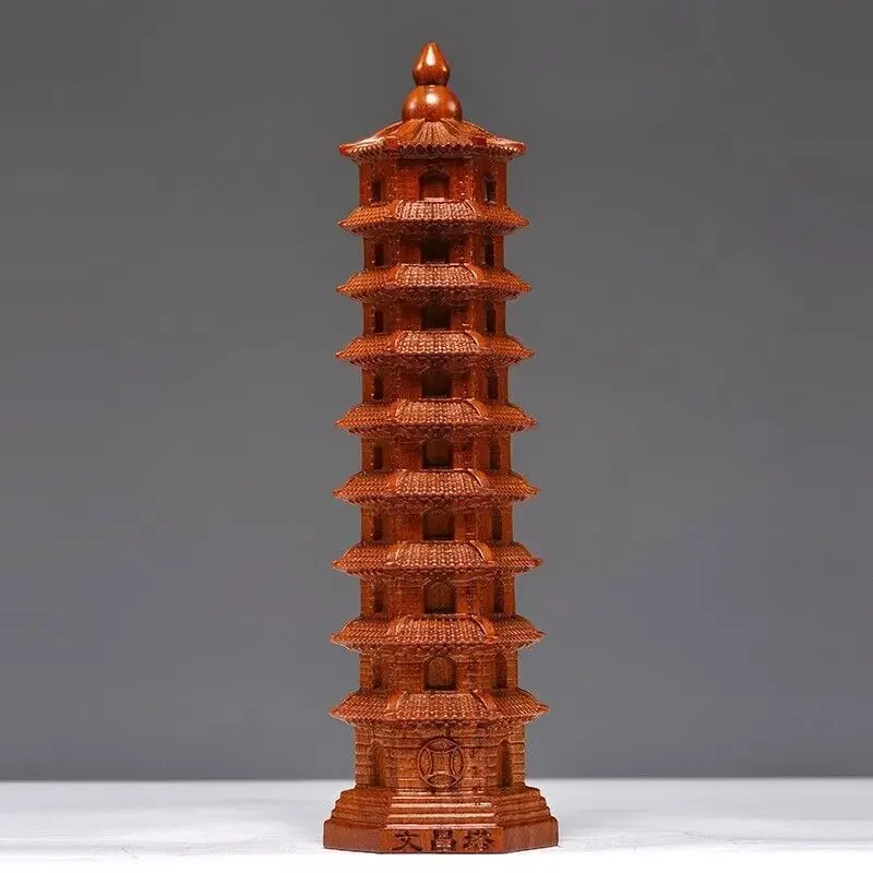 

8.7" Natural Rosewood Carved Wenchang Pagoda Statue Tower Feng Shui Decor