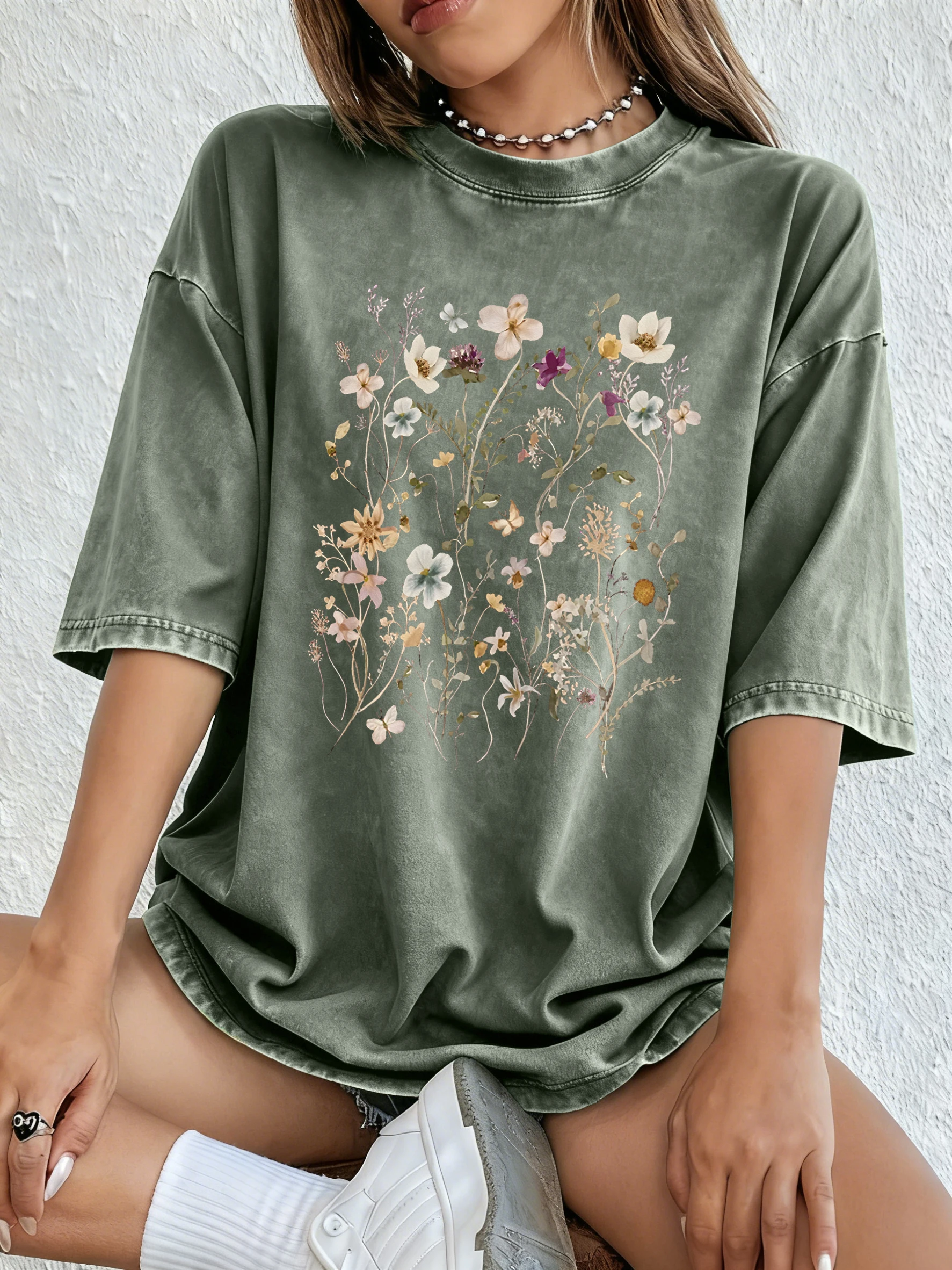 Beautiful Flower Clusters Print Women's Washed T-Shirt Loose O-Neck T Shirts Casual Cotton Clothes Jogging Y2K Short Sleeves
