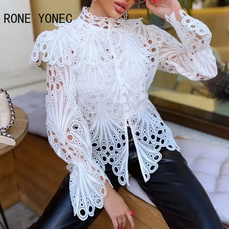 Women Chic Solid Hollow Out Turtleneck Long Sleeves Beading Button Sexy White Blouse Tops