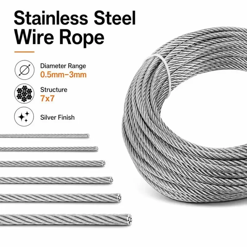 5~10M Multipurpose Stainlesss Steel Cable for Hanging String Lights, Deck Railing, Porch Fence, Clothes Drying Rope