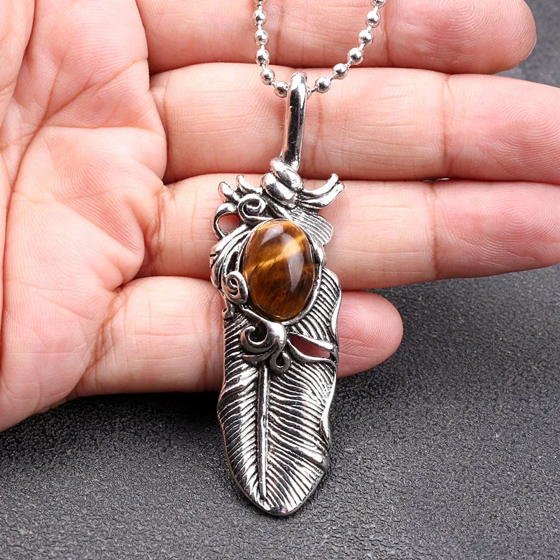 Vintage Feather tiger eye stone Hip hop pendant necklace for men women jewelry
