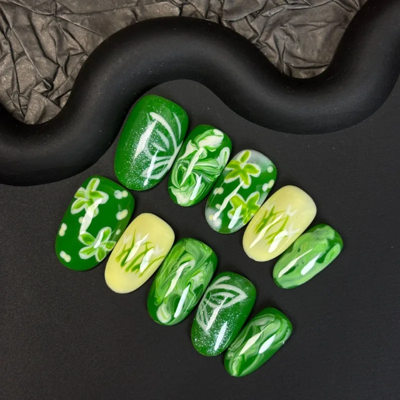 10 stuks frisse en levendige handgemaakte pers op nagels smudge water rimpelingen gele en groene bloemen nepnagels verwijderbaar herbruikbaar