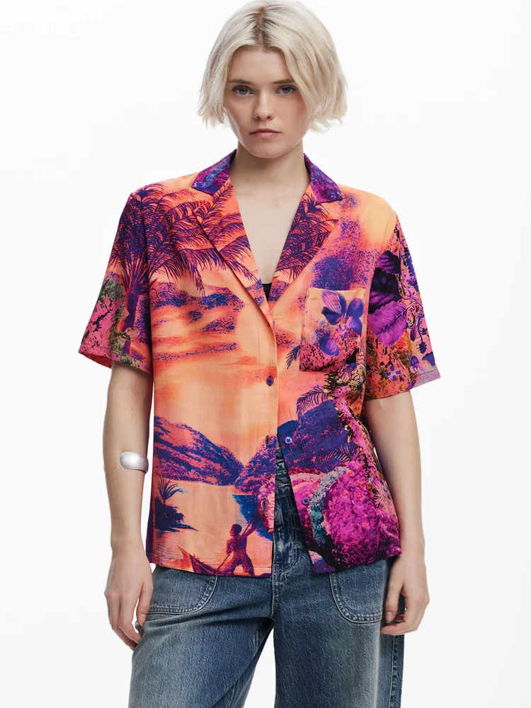 

Manna Pure Floral Print irt Turn-down Collar ort Sve Women's Cotton Blend Summer Cool Sensation Thin Fabric Button Clo...