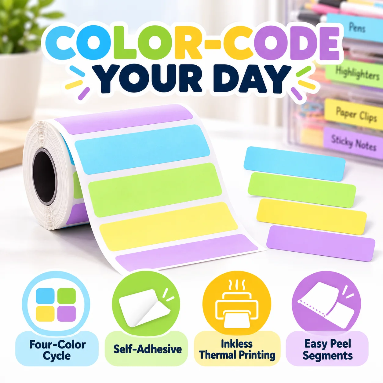 50x15mm Four Color Thermal Label Sticker Roll Self Adhesive Compatible for Mini Thermal Printer Storage Office Tag