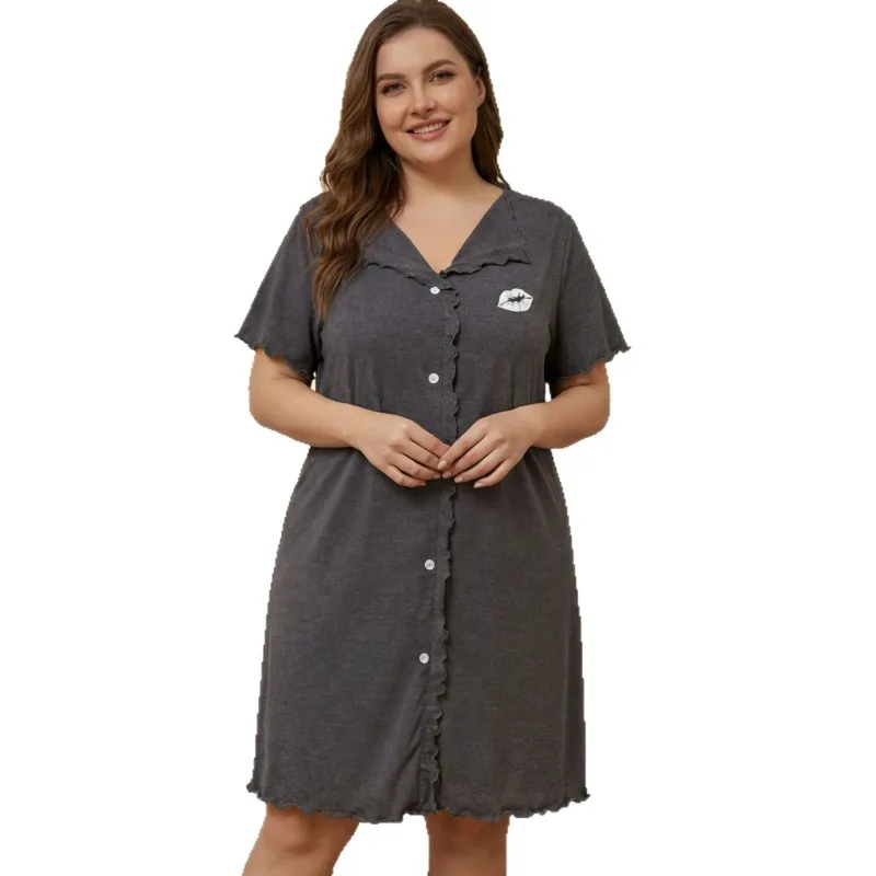 Plus Size Summer Thin Short Sleeve Pajamas Dress Women Button Down Solid Loose Nightgown Simple Grey Robe Knee Length Loungewear