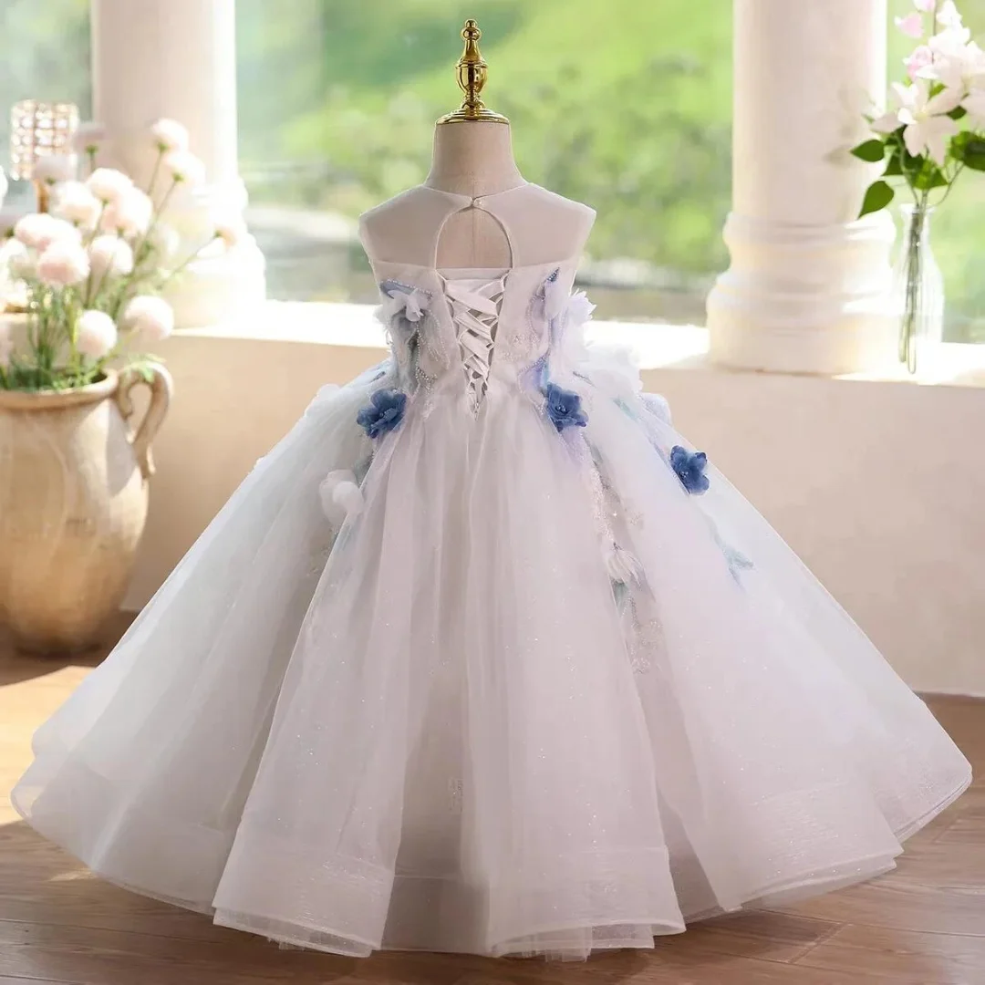 Vestido de princesa con flores para niña, falda de tul brillante, vestido acampanado con apliques, vestido personalizado hasta el suelo para bodas y cumpleaños