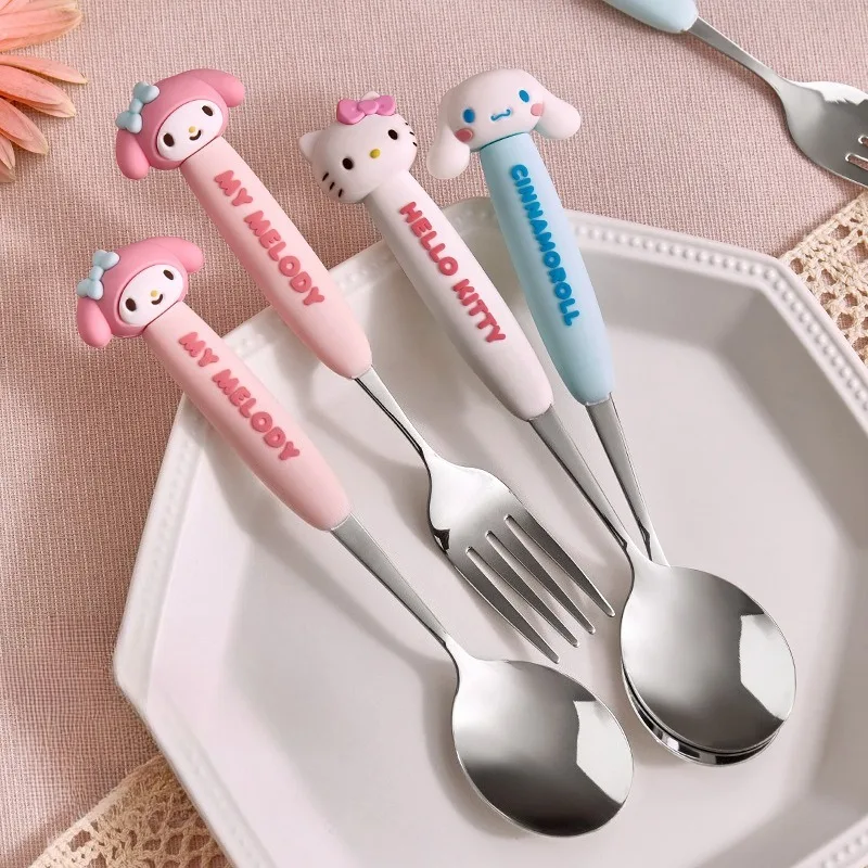 Sanrio Hello Kitty Stainless Steel Spoons and Forks Cartoon Anime Reusable Tableware Chopsticks Lunch Kitchen Accessories Gift