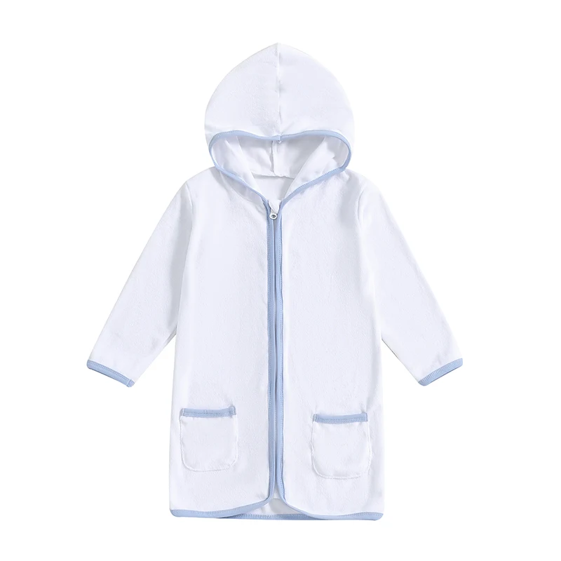 Boys Girls Robe Hooded Zip Up Pockets Soft Contrast Color Long Sleeve Nightgowns