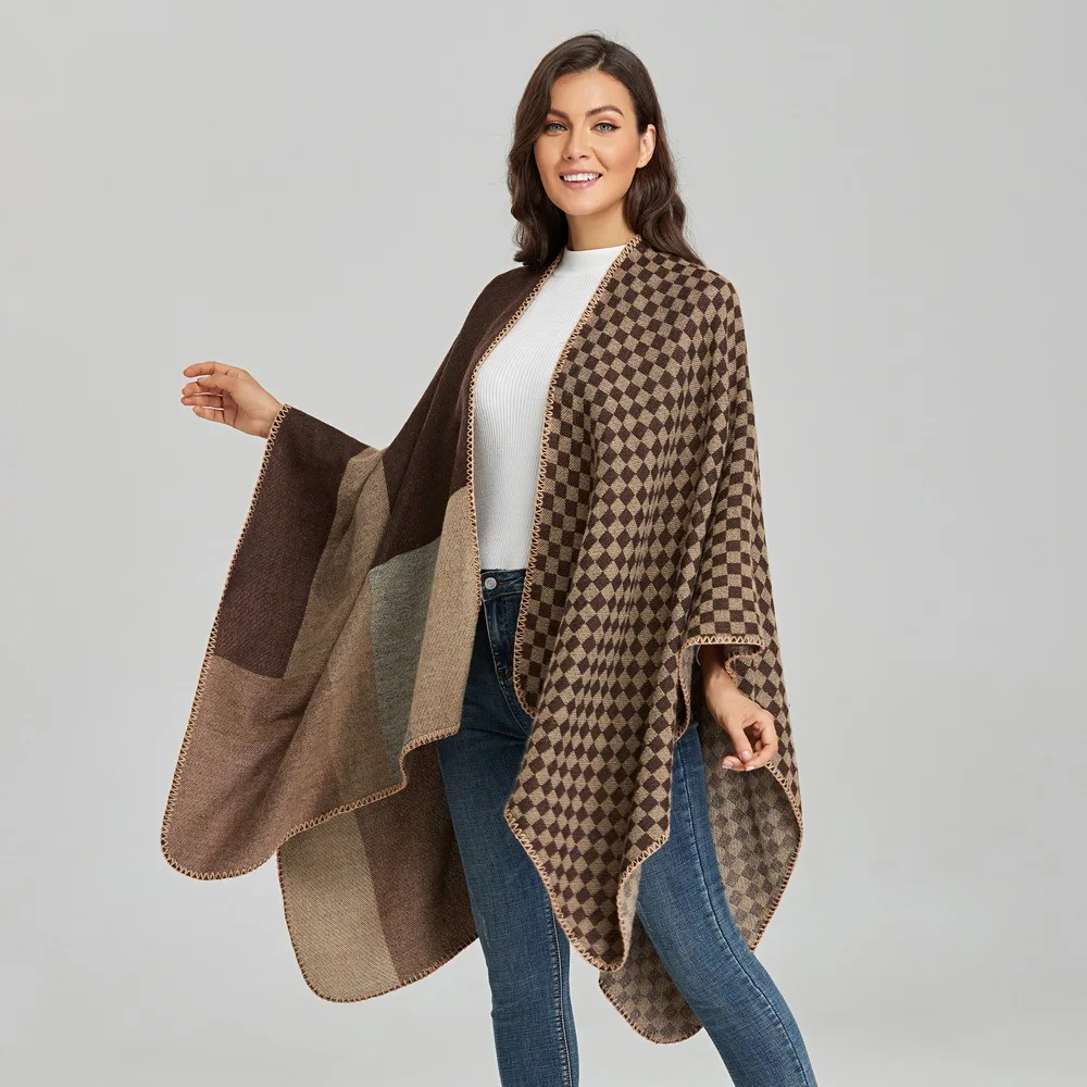 Shawl Autumn Winter New Warm Scarf Shawl European American Fashion Split Cashmere Cloak Multi-purpose Shawl Ponchos P5