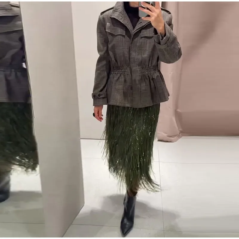 Women's Olive Green Sequin Fringe Midi Skirt Sparkly Tassel Party Skirt for Evening Clubwear 2025 Festival New Sexy Lady Skirts