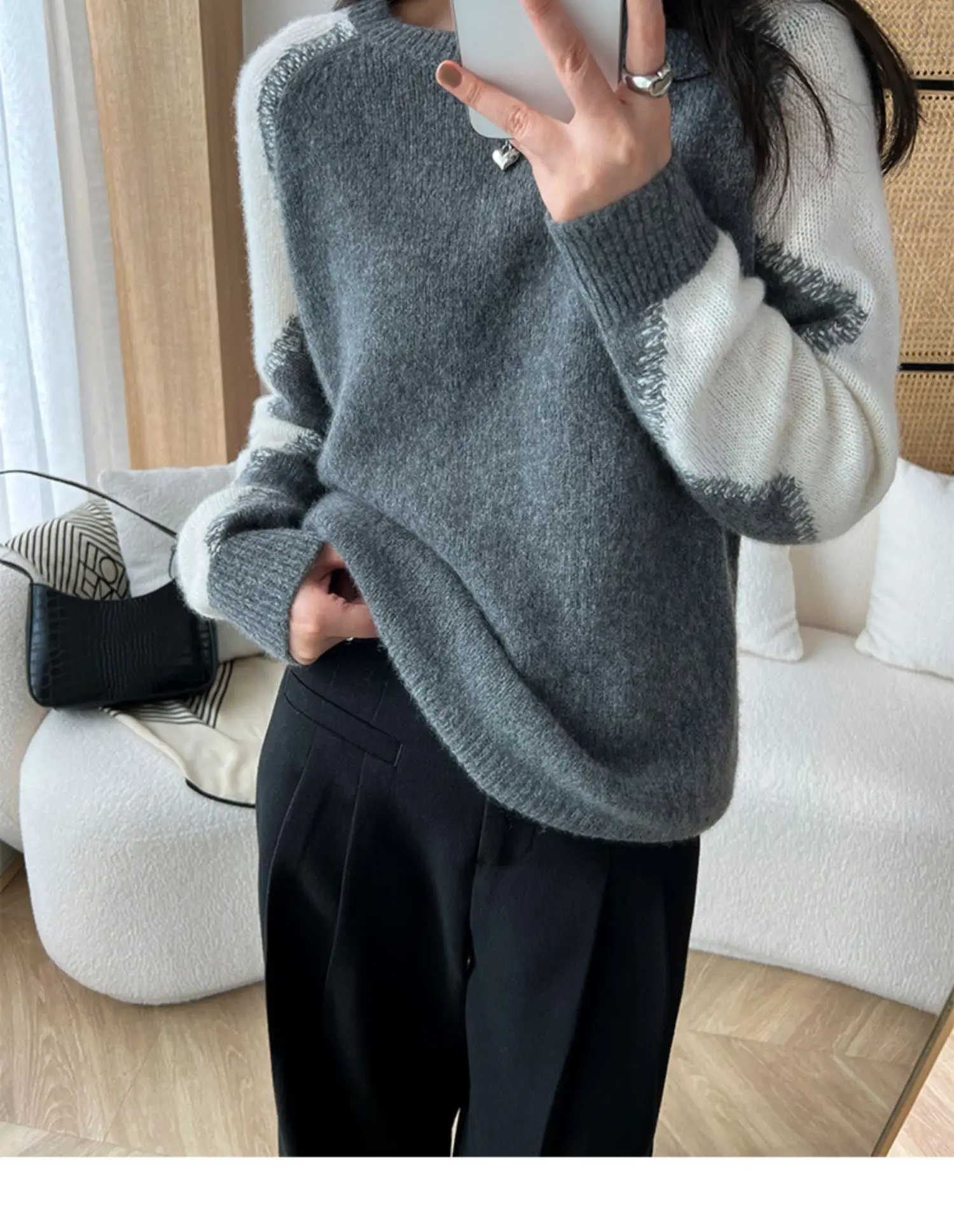 100% cashmere sweater women's round neck color matching pullover sweater thick contrast wool knit bottoming shirt