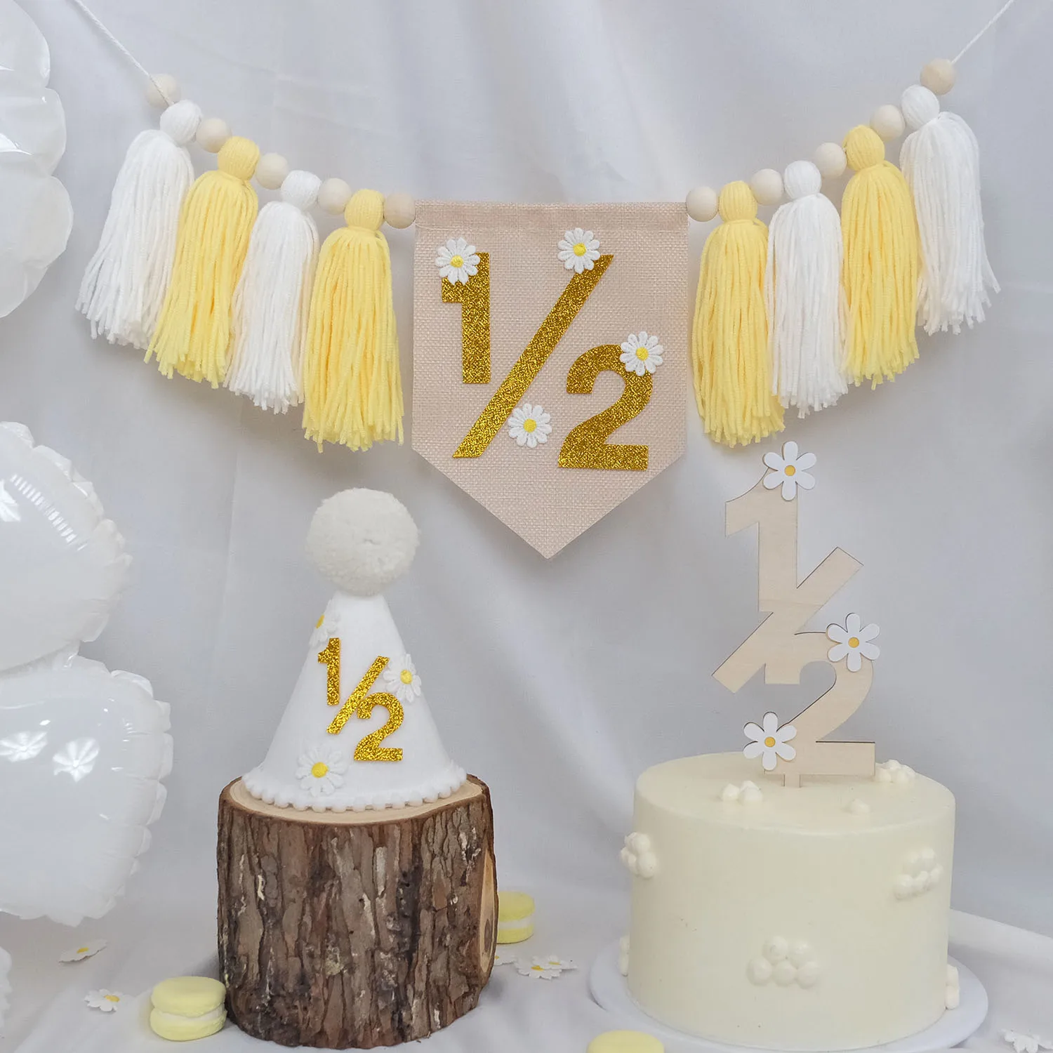 Gänseblümchen-Themen-Dekorationen für die 6. Geburtstagsfeier, Hochstuhl-Banner, Kränze, Gänseblümchen-Kegelmützen, Geburtstagstorten-Dekorationen – Detail 2