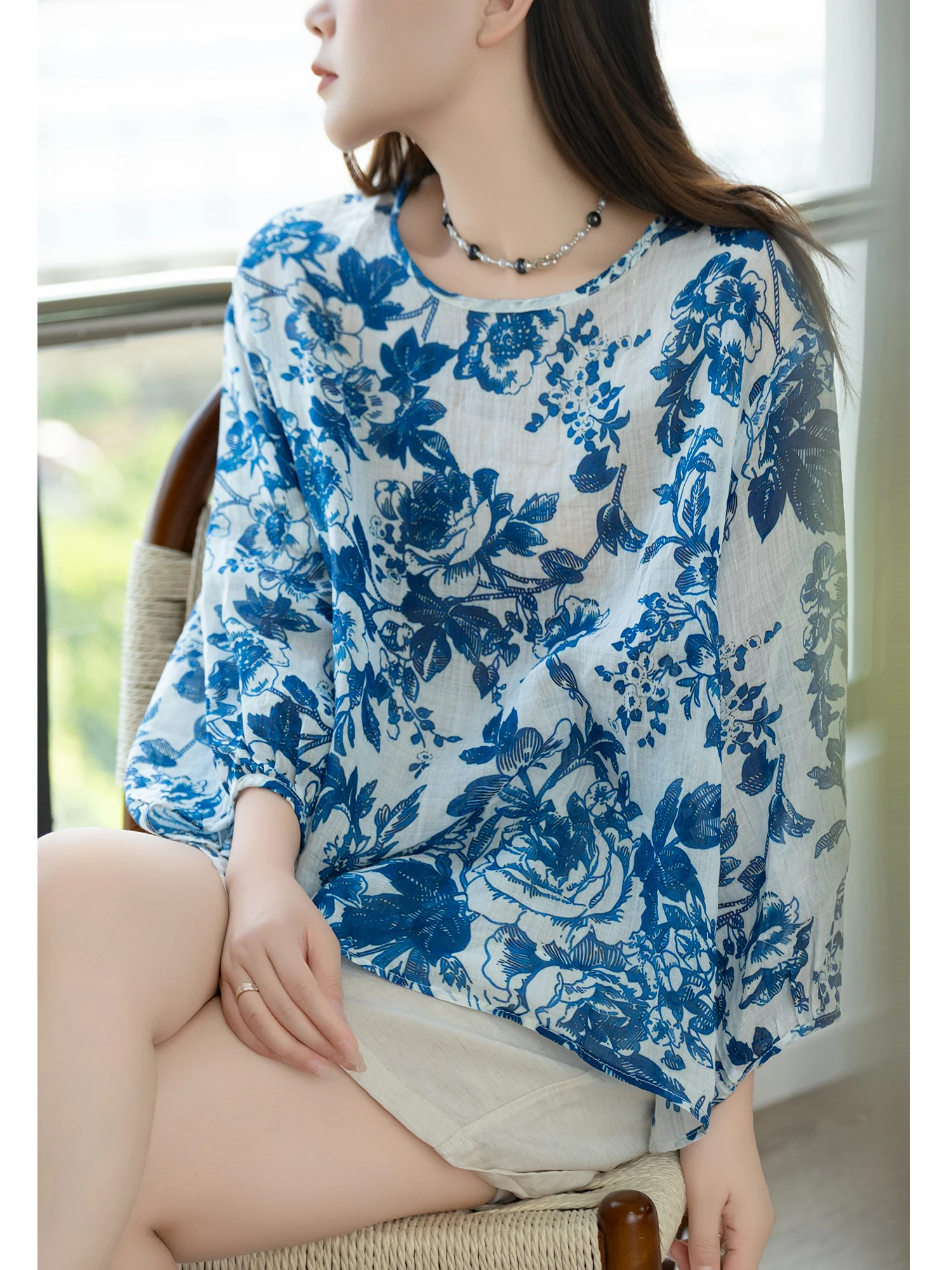 Loose Fit Ladies Linen T-Shirt Embroidered Printed Casual Top Breathable Summer Long Sleeve round Neck Pullover T7424