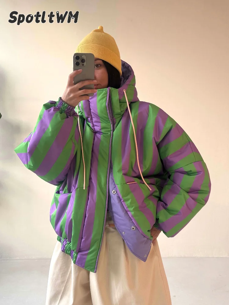 Women Color Block Striped Puffer Jacket Reversible Hooded Winter Coat Oversized Loose Zip Up Warm Quilted Lady Casual Outerwear