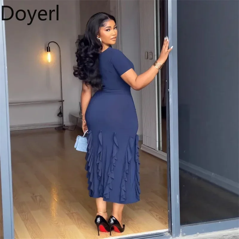 Doyerl الصلبة أنيقة Bodycon فستان ماكسي امرأة ملابس الصيف قصيرة الأكمام س الرقبة غمد بسط الكشكشة فساتين الحفلات الطويلة رداء