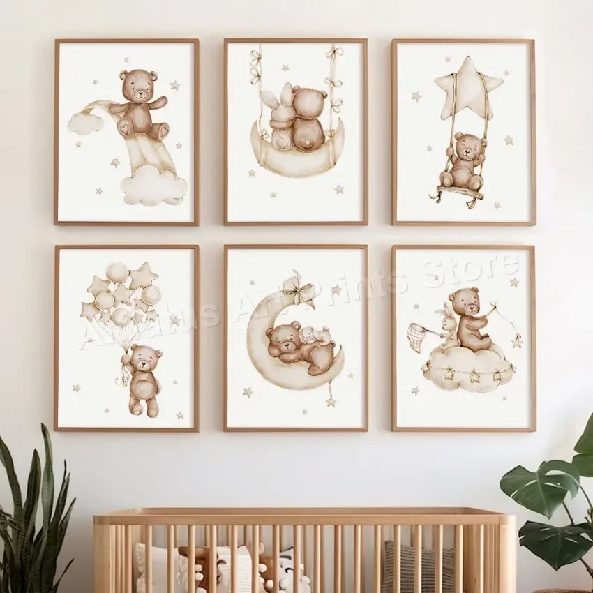 1 pieza--Cuadro de lona Kawaii con oso y conejo - Diseño de arcoíris, luna, estrellas, nube y columpio - Decoración boho para el hogar o la habitación del bebé