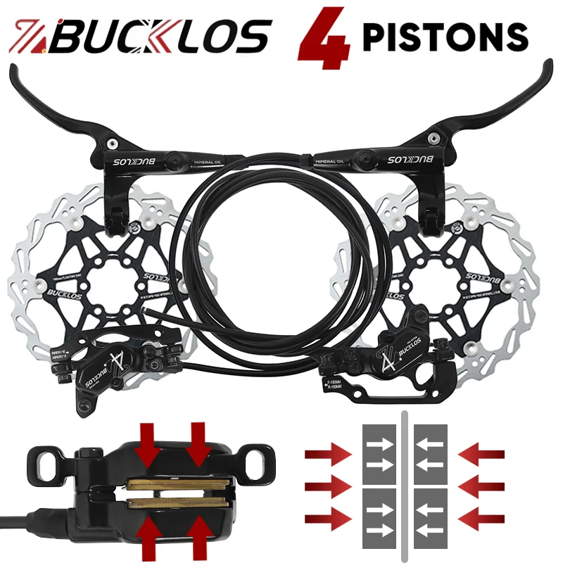 BUCKLOS MTB 4-Piston Hydraulic Brake Set 850mm 1630mm 4 Pistons Bicycle Hydraulic Brake Mountain Bike E-Bike Disc Brake Set Part