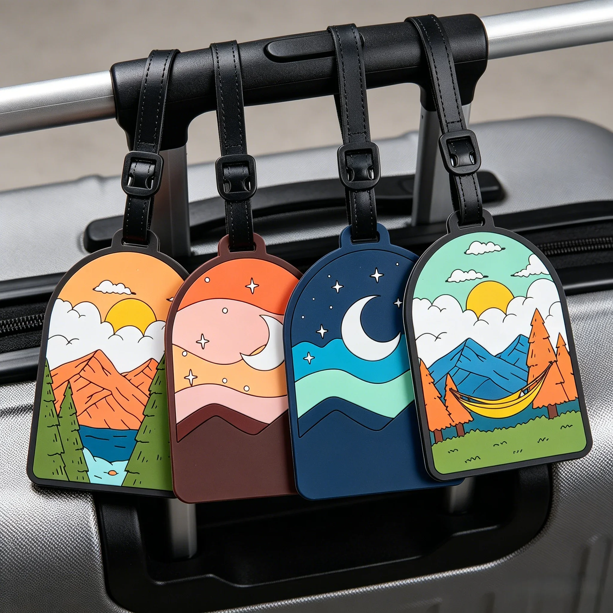 Silicone Luggage Tag for Mountain Scenery, Cartoon Pattern of Sun, Moon, Mountains and Rivers, Travel Anti Loss Identification