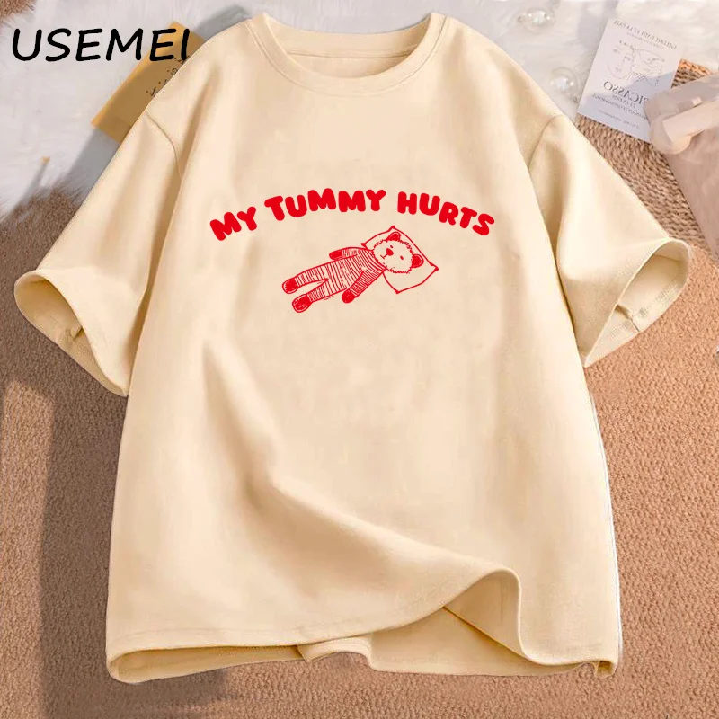 My Tummy Hurts Bear Meme Graphic T Shirts Cotton Short Sleeve T-shirts Oversize Man Clothes Funny Print Tees Shirt Men\'s Clothes