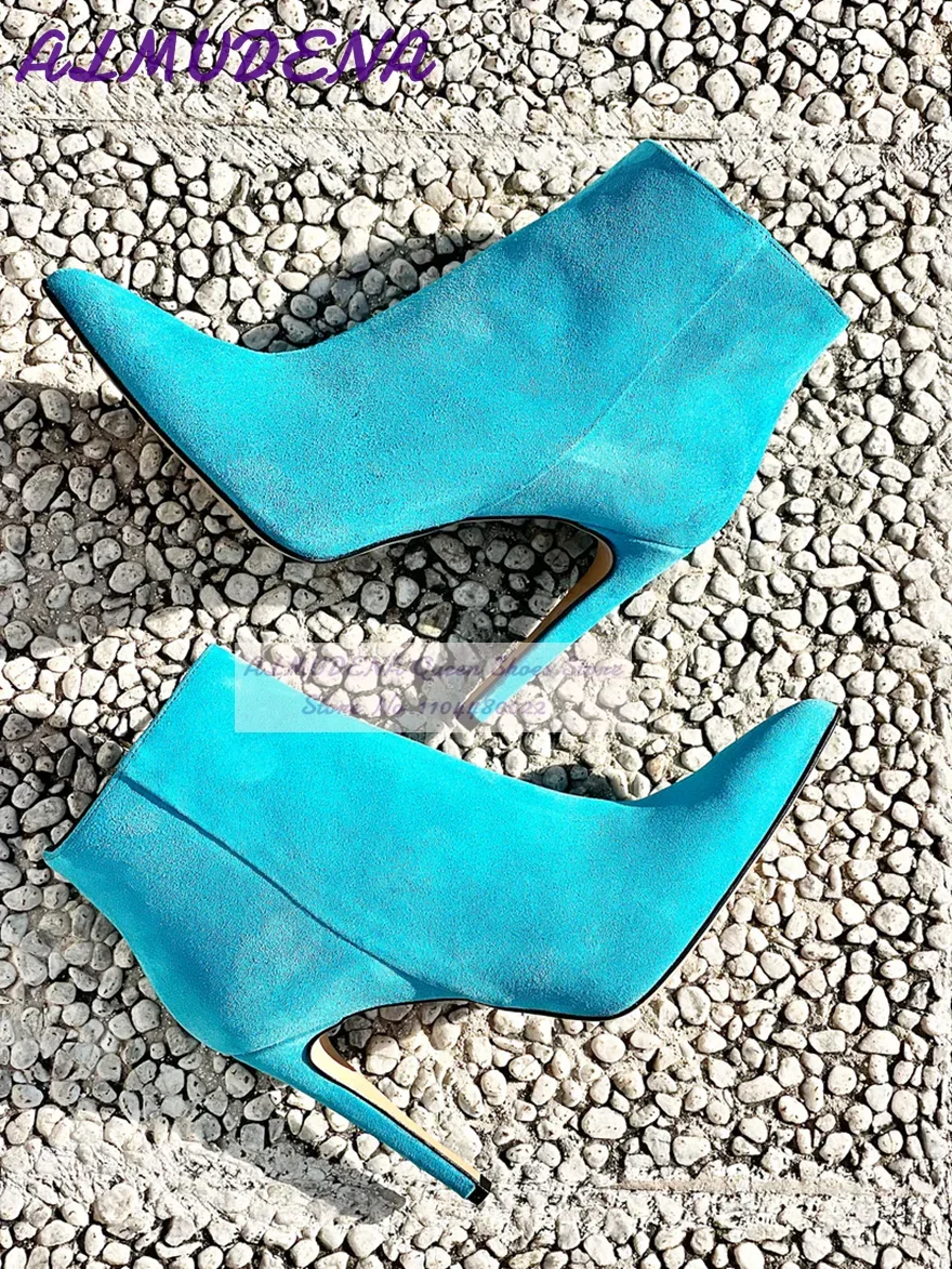 

ALMUDENA Lake Blue Suede Stiletto Heel Ankle Boots Pointed Toe Elegant Short Booties Zipped Simple Dress Pumps Red Black