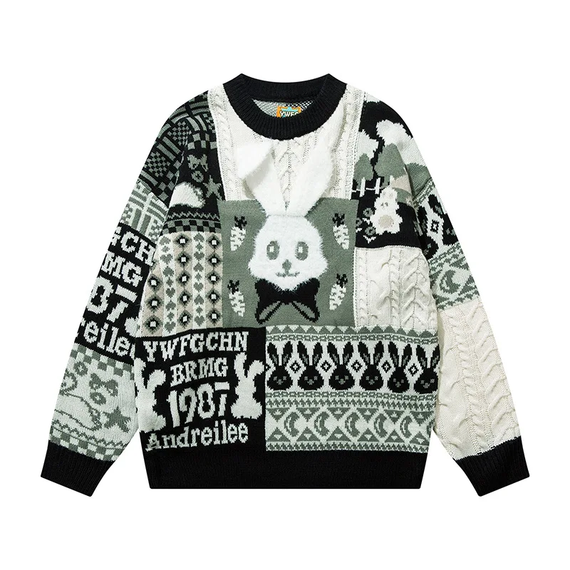 

Men's Rabbit Printed Sweater Loose Versatile Couple Round Neck Long Sleeve Knitwear Comfortable Couple Harajuku Street Pullover