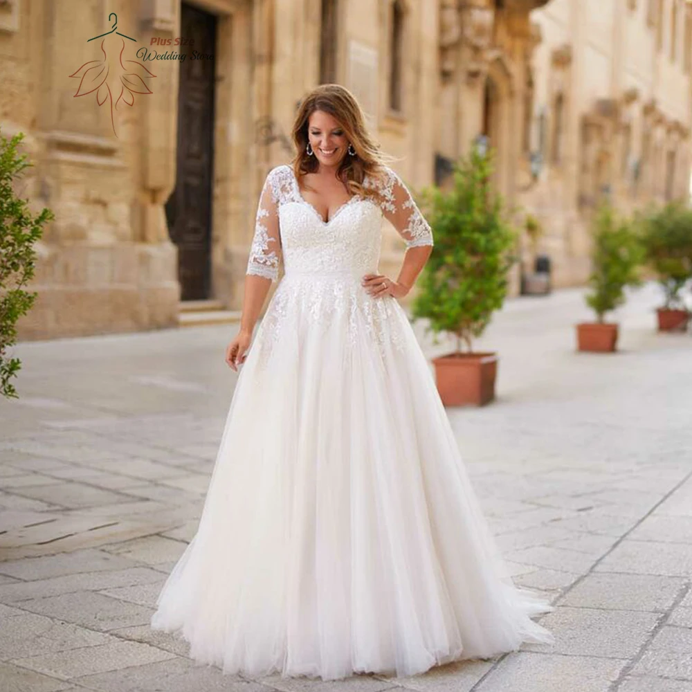 Classic A-Line Wedding Dresses Plus Size V Neck 3/4 Sleeves Bride Gowns Appliques Floor Length Tulle Vestido De Noiva 2024