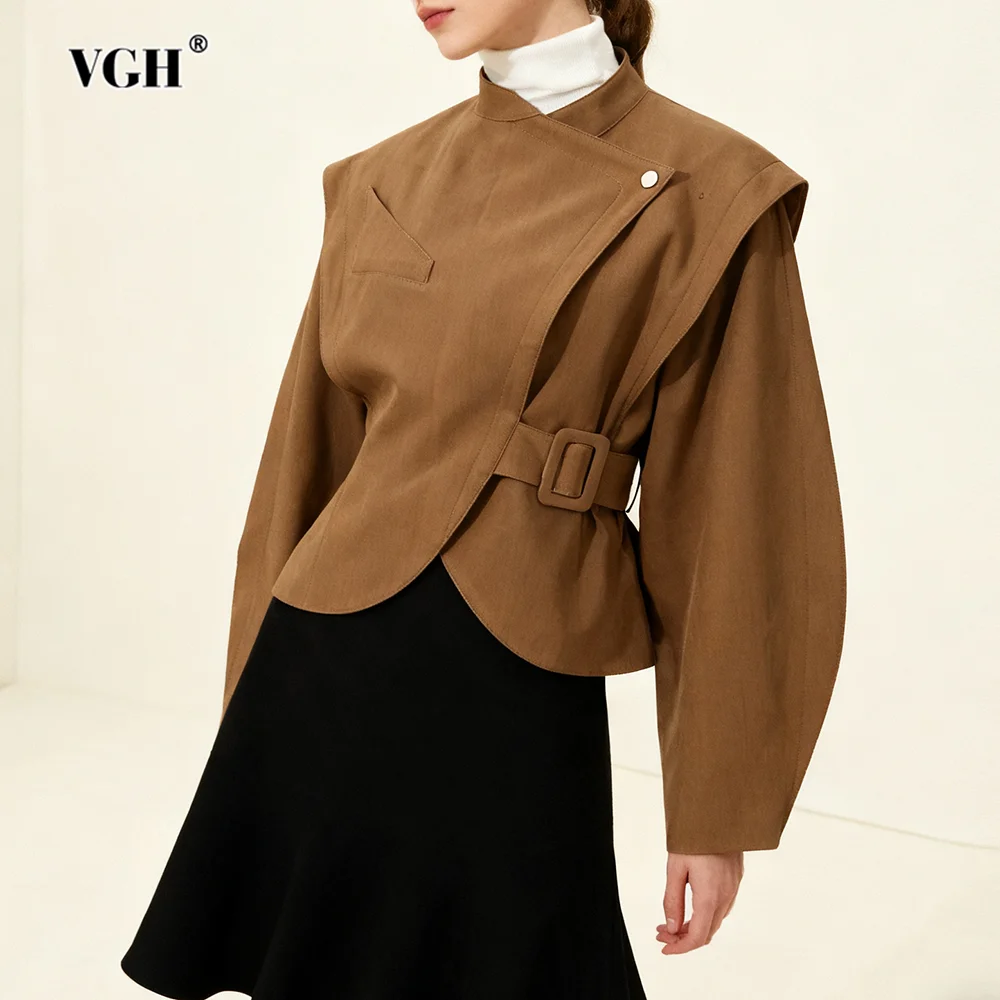 VGH Solid Temperament Loose Spliced Lace Up Short Jackets For Women Stand Collar Long Sleeve Autumn Designer Party Coat Female