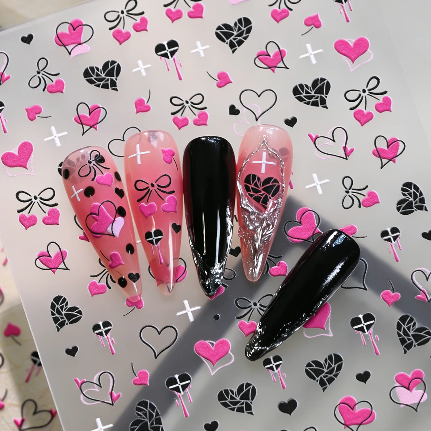 

1Pcs Y2k Black Pink Love Heart Nail Art Sticker 5D Embossed Bowknot Heart Pendant Self-adhesive Nail Decals Romantic Nail Decora