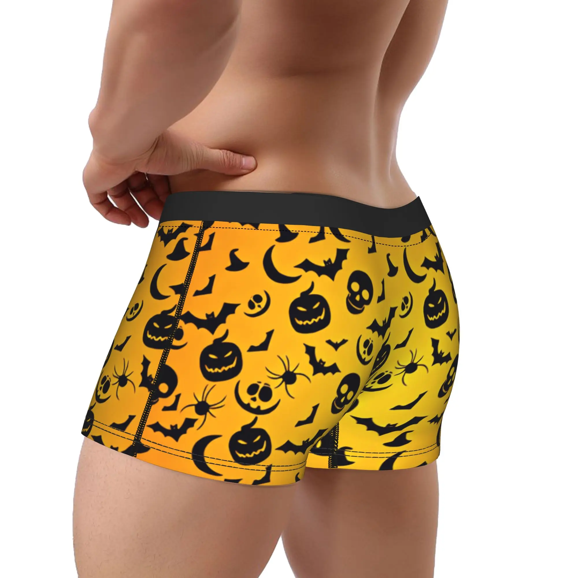 Halloween Pumpkin Skull Bat Spider Moon Silhouette Seamless Pattern Orange Gradient Underwear  Men Panties Print Boxershorts