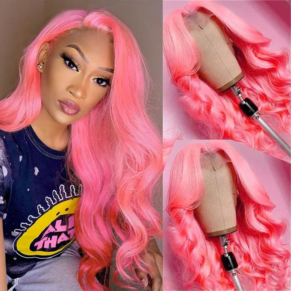 

Light Pink Lace Front Wigs Human Hair 13x4 Body Wave Lace Front Wig Preplucked For Women 613 Colored 180% Density Pink Wig
