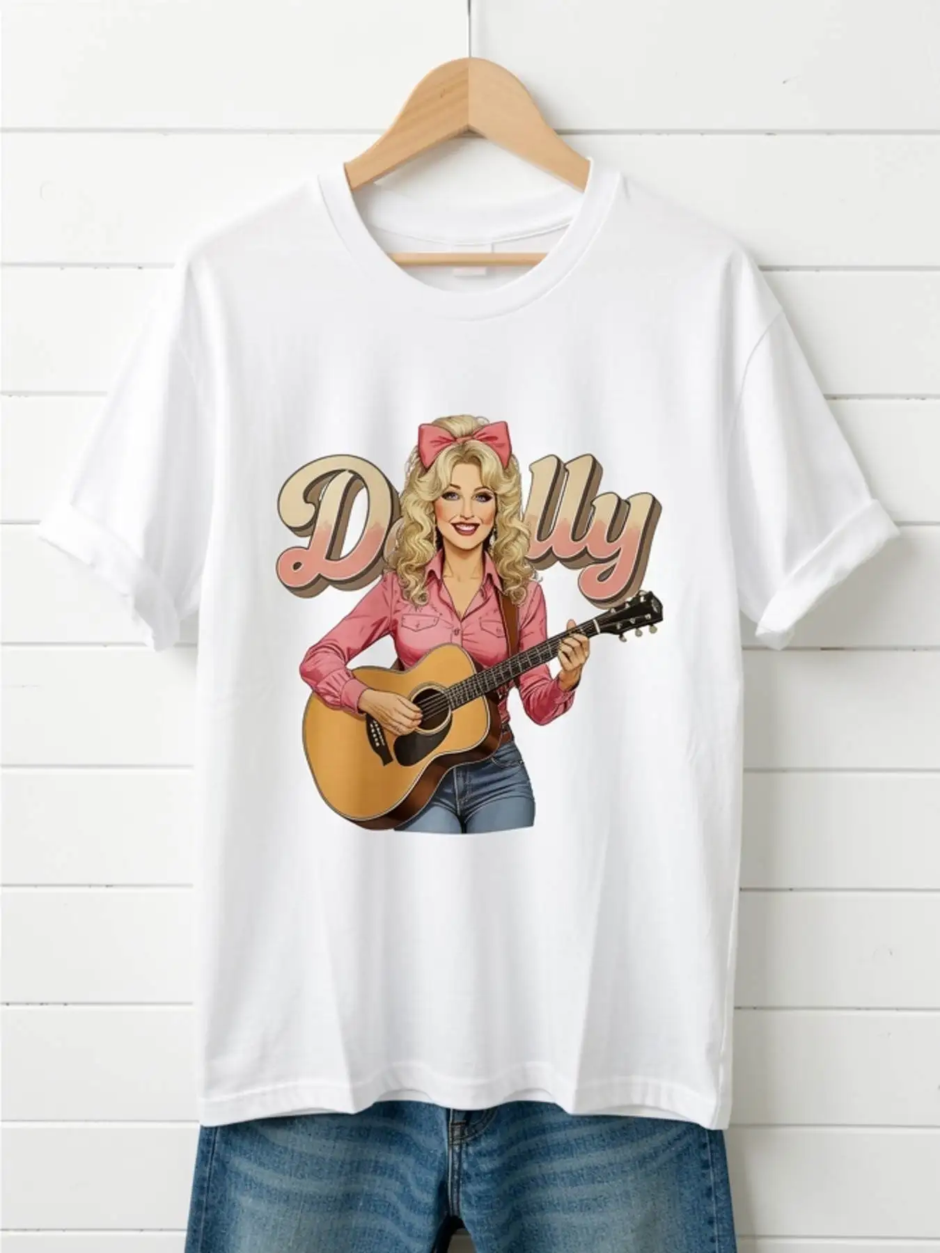 Retro T-Shirt, Country Music Star Graphic Tee with Cartoon Dolly Portrait & Retro 'Dolly' Text - Soft Breathable, , Classic Fit, Crew Neck, Great Gift - Y2K Style, Sizes XS-3XL
