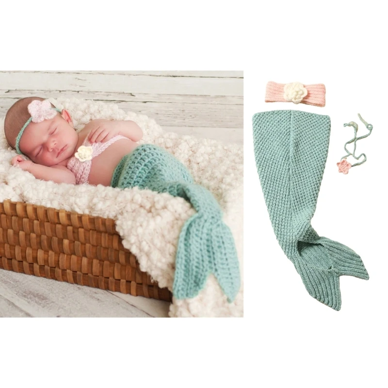 3pc Baby Photography puntelli Costume a coda di sirena lavorato a maglia + set di fasce per capelli con fiori neonati servizio fotografico puntelli per foto per neonati vestito