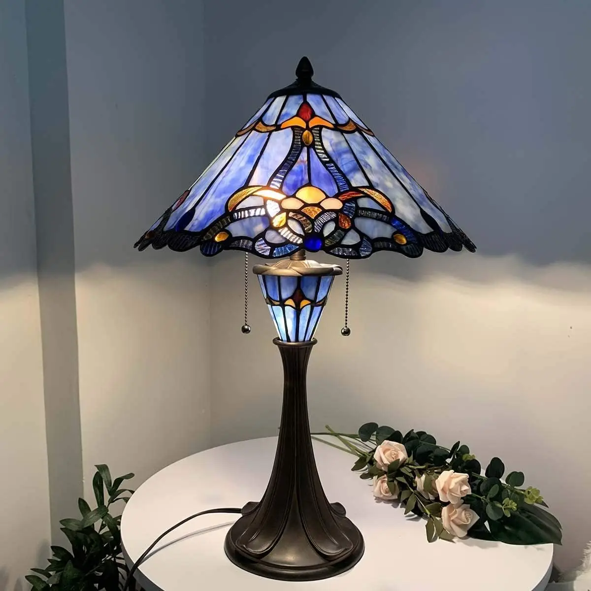 Bieye L10684 Baroque Tiffany Style Stained Glass Table Lamp With 16 Inch Wide Blue Shade Double Lit For Bedside Living Room