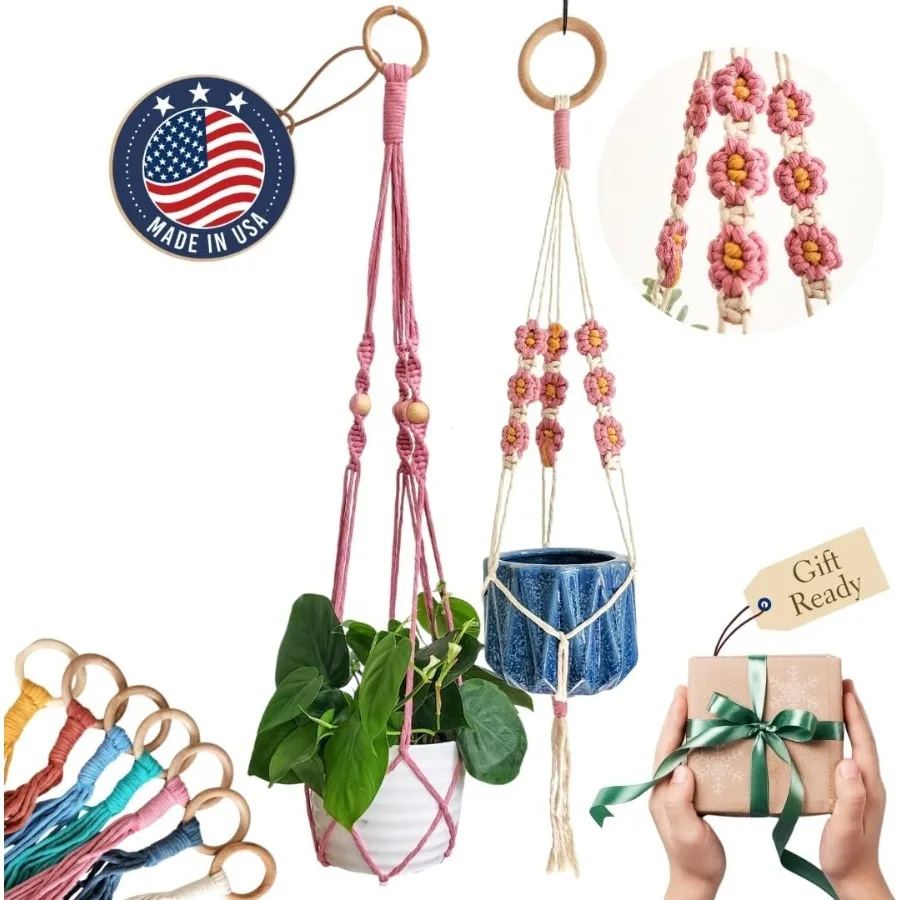 

Set of 2 Macrame plant hanger with Daisies Beads Hanging plant holder Macrame Plant hangers outdoor and indoor hanging planters