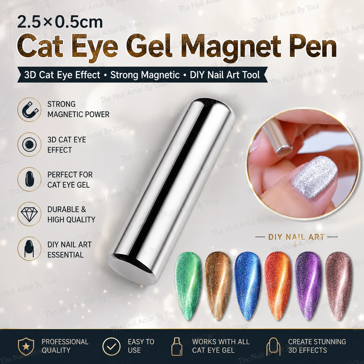 Caneta Magnética Redonda 2.5x0.5cm para Arte de Unhas Olho de Gato, para Esmalte em Gel, Pintura de Unhas 3D Olho de Gato, Forte Adesão, Ferramentas DIY para Manicure