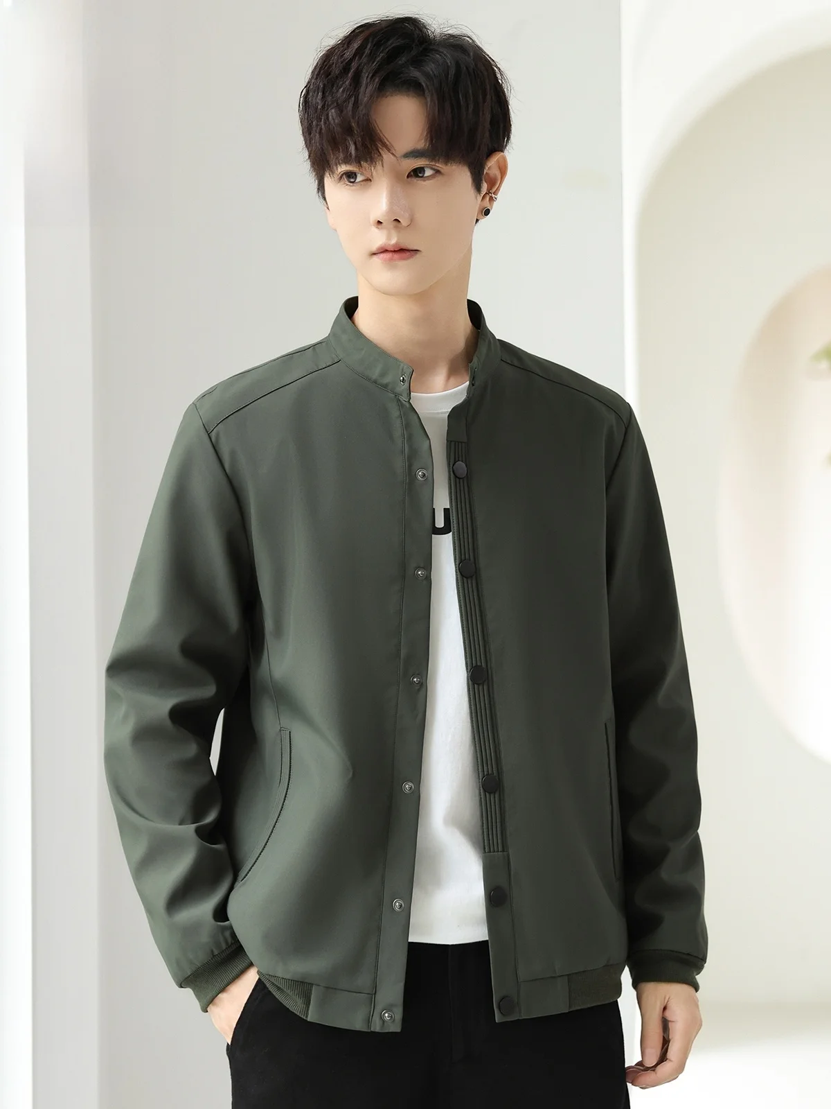 

Men's Stand Collar Jaet Loose Fit Large Size Casual Coat Trendy Autumn Wear Polyester Fiber Long Sve Youth Faion