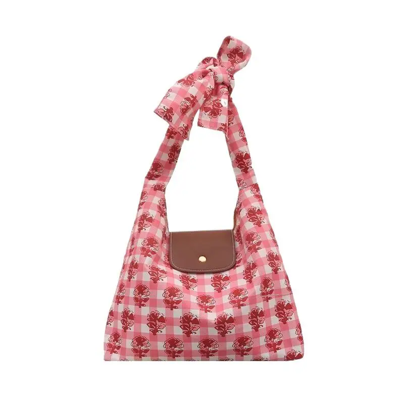 Geblümte Gingham-Canvas-Tragetasche mit Schleifengriff, Leder-Druckknopfverschluss, Große Kapazität für den täglichen Arbeitsweg, Einkäufe und Reisen – Detail 13