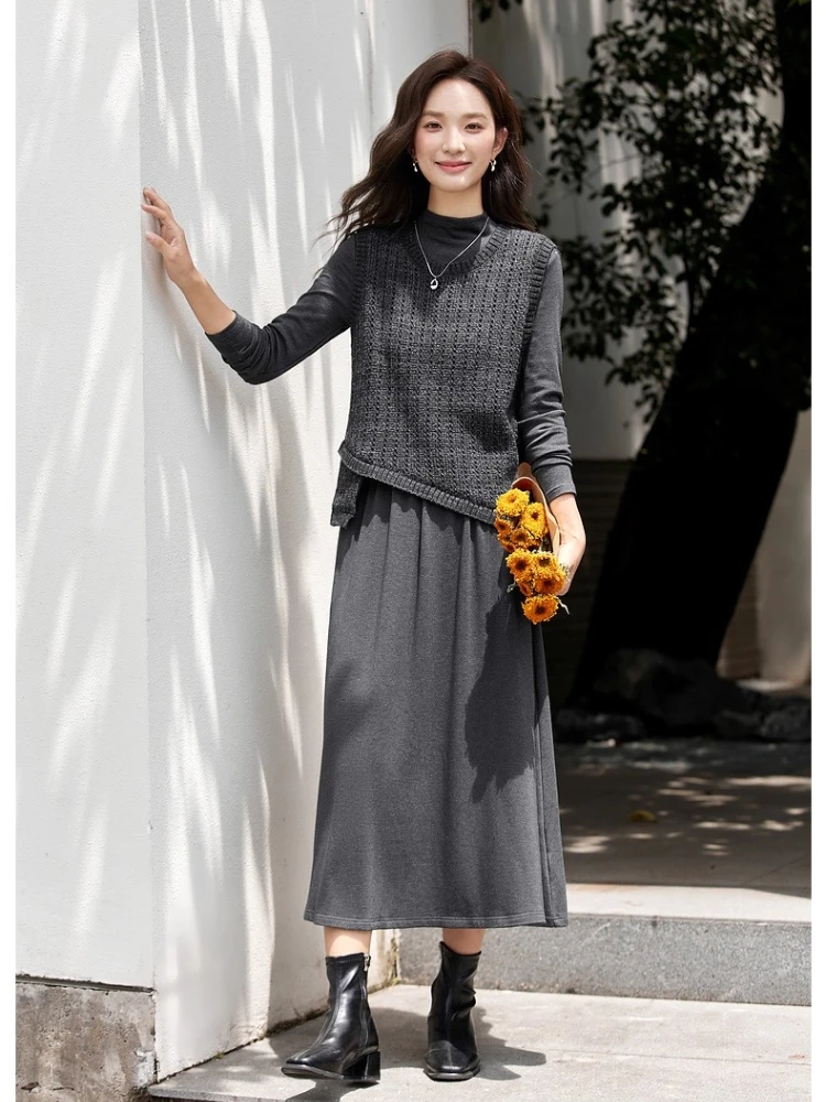 

VIMLY 2 Piece Sets Woman Vintage Autumn 2025 Grey Long Half High Collar Knitted Dresses Irregular Vest New Matching Sets A2228