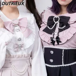 Japanese Style Sweet Blouse Kawaii Girls 2024 Summer New Bow Doll Collar Ruffled Underwear Shirt Preppy Style Camisas De Mujer